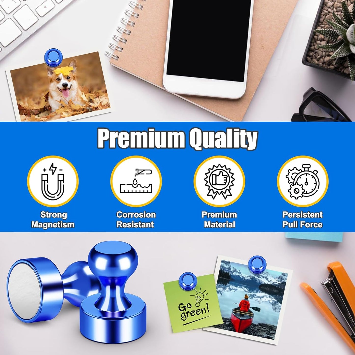 Circle Whiteboard Magnets for Fridge, Tiny Cute Refrigerator Magnets Strong, Magnetic Push Pins for Bulletin Board, Desk Accessories, Kitchen Decor, Crafts, 56 Pack, Blue Metal