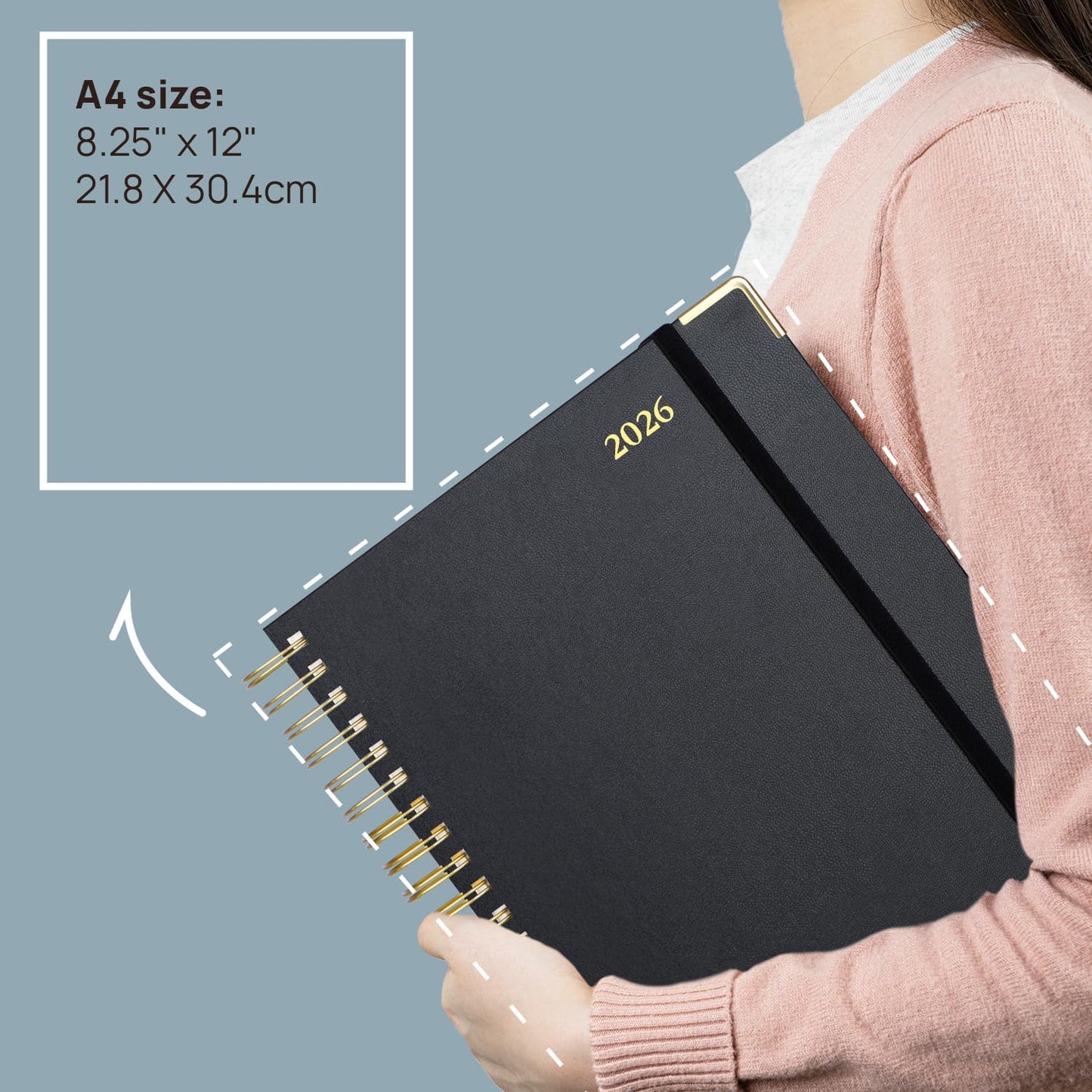 POPRUN 2026 Daily Planner One Page A Day - [A4 Large Size 8.5" x 12" -Spiral Hard Cover], Agenda 2026 Hourly Appointment Book with Monthly Calendar, Pen Holder, Ivory Paper - Orange