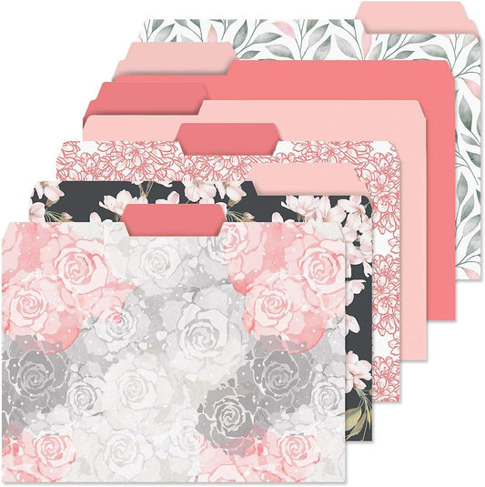 Current Charcoal & Coral File Folders Value Pack - Bulk Set of 24, 6 Pretty Decorative Designs, 1/3 Cut Tabs, Heavy-Duty Paper Stock, Office Supplies for Home & Work, 9-½” x 11-¾” Letter Size