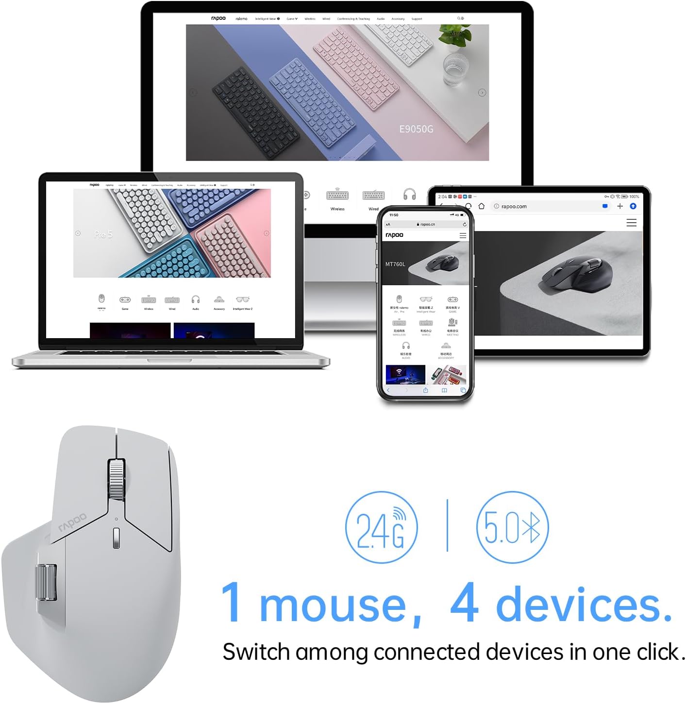 Rapoo MT760Mini Bluetooth Wireless Mouse - Bluetooth 5.0 and 2.4GHz Multi-Mode Connection, Support 4 Devices, M+ Cross Computer Technology, 11 Programmable Buttons,Light Grey