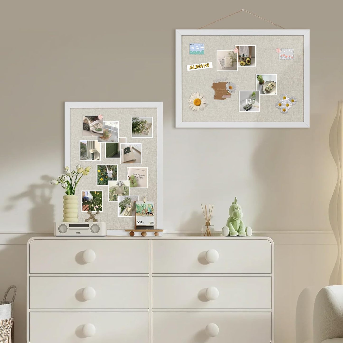 Cork Board Bulletin Board 16.7" x 11", 2-Pack Small Linen Corkboards with Frame for Walls, Cute Picture Display Pin Board Vision Board for Room School Office Bedroom 25 Pushpins Vintage White