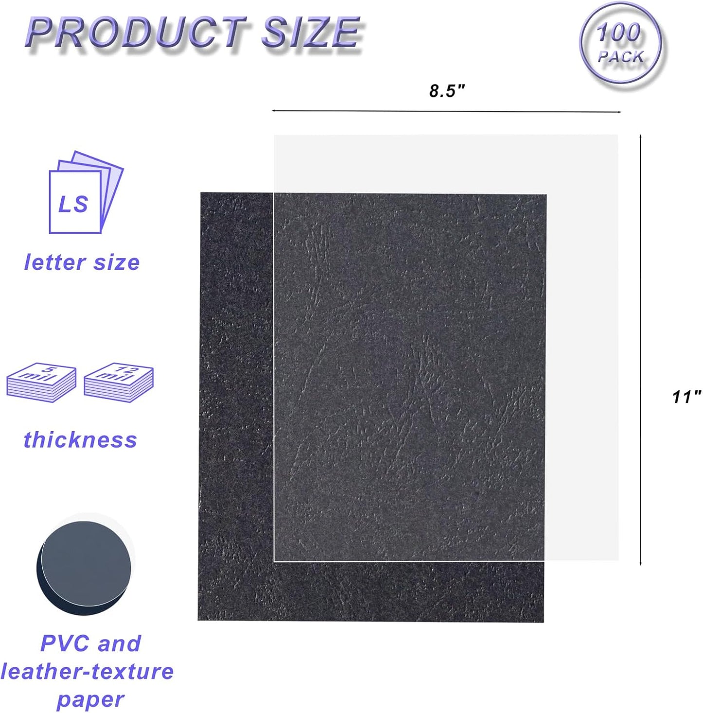 100 Pack Binding Covers Set, 8.5x11 Inches, Including 50 Pcs 5 Mil Clear PVC Binding Covers, 50 Pcs 12 Mil Black Paper Leather Textured