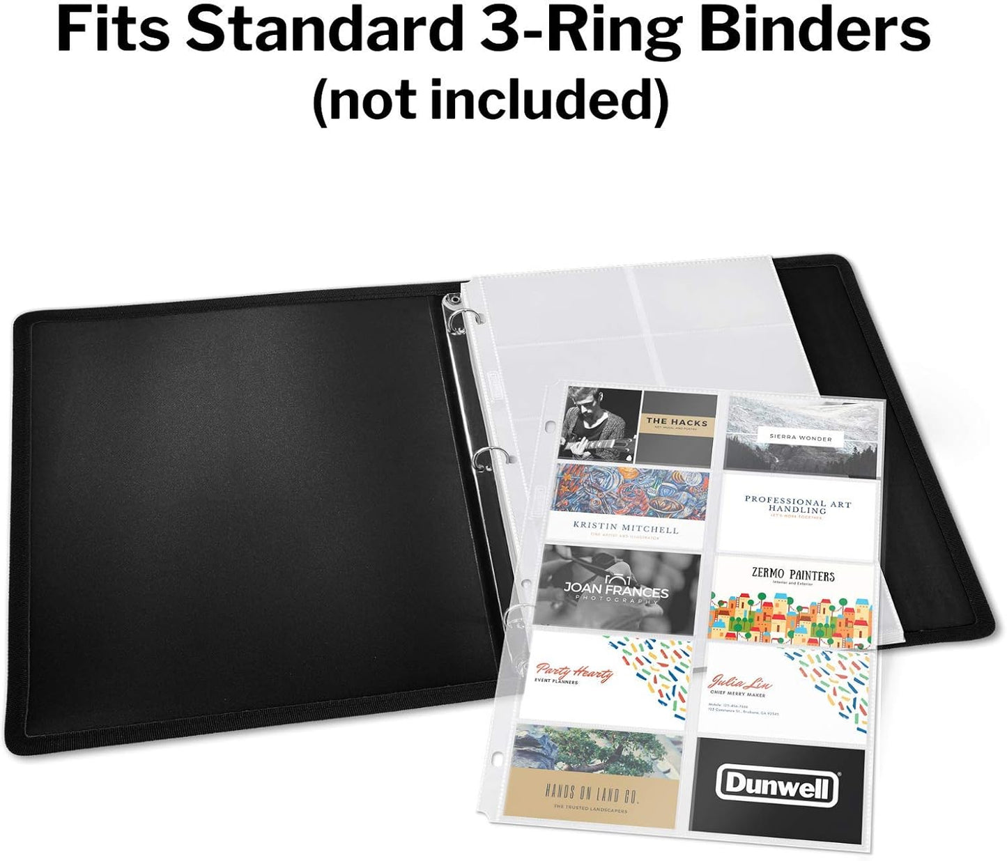 Dunwell Business Card Holder Sleeves (10 Pack for 200 Cards), Heavyweight Plastic Sheet Protect, Each Sleeve Holds 20 2x3.5 Namecards, 3-Hole Punched, Fits 3-Ring Binders