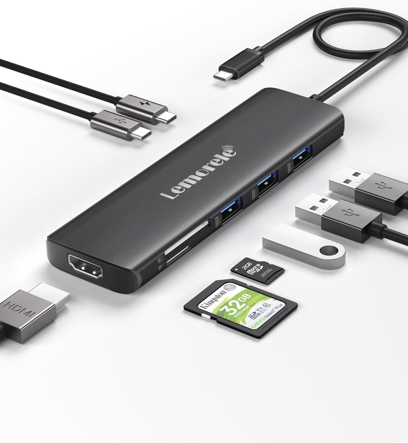 Lemorele USB C Hub 8-in-1 Adapter, USB-C Hub with 4K HDMI Output, 100W Power Delivery, USB 3.0 5Gbps Port, SD/TF Card Reader Adpater, Compatible for MacBook Pro, XPS, Chromebook and More（Black）