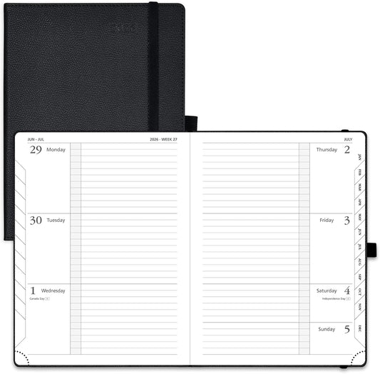 POPRUN 2026 Weekly Planner (Medium 6.75" x 8.75") 12 Months Calendar Notebook with Horizontal Layout, Leather Hardcover, Inner Pocket, 100GSM Thick Paper, Pen Holder - Black