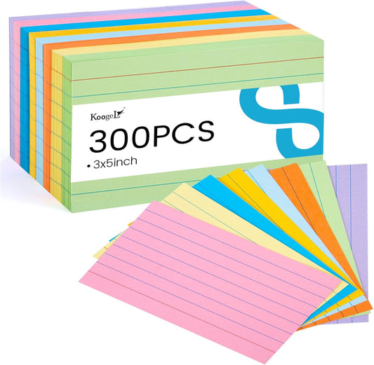 Koogel Index Cards 3x5, 300 Count, Colored Flash Card Lined Ruled on Both Side, Heavyweight Notecards for Back to School Studying Learning College Office Home Taking Notes Supplies, 8 Assorted Colors