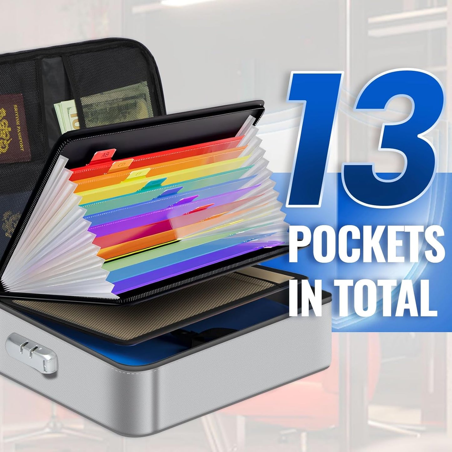 Fireproof Document Box w/Lock & Reflective Strip, Fireproof Waterproof Document Organizer, Safe Bag for Important File Storage, Portable for Travel, for Tax Files, Paper, Certificates(Silver)