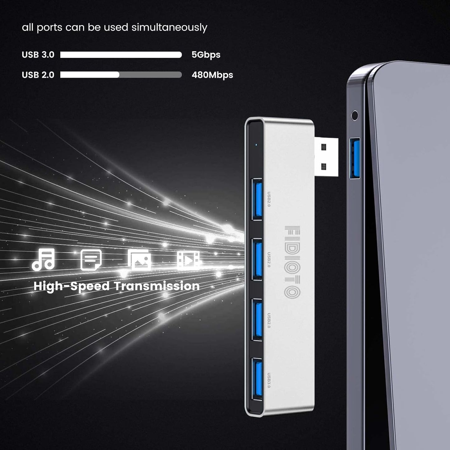 Small USB Hub, Fidioto 4 Port USB Adapter(1 * 3.0 Hub, 3 * 2.0 Hub), Multi USB Port Expander for Laptop, iMac Pro, MacBook Air, Mac Mini/Pro, Notebook PC, USB Flash Drives and Mobile HDD Etc.