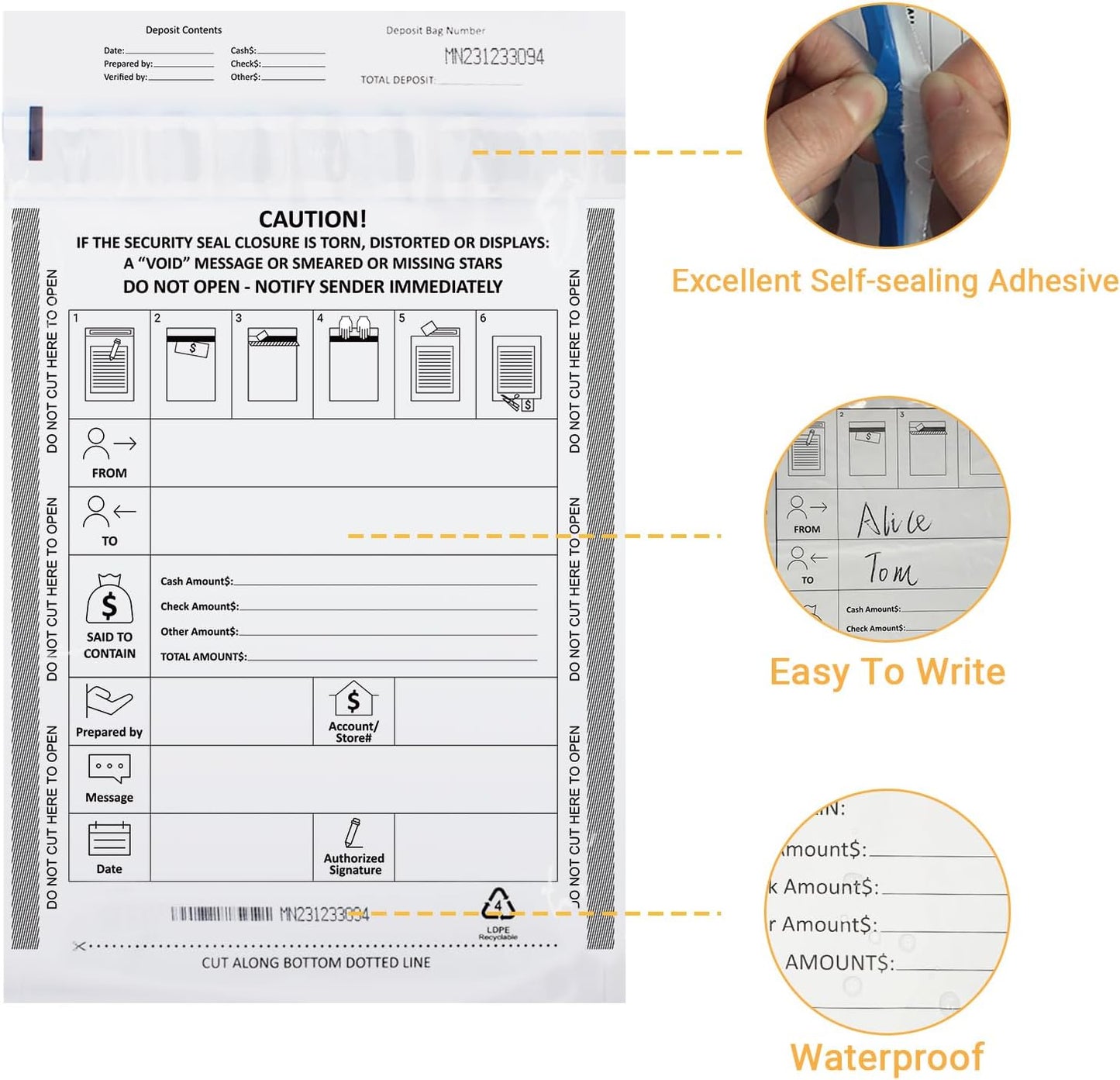 100 Pack 9" x 12" Tamper-Evident Deposit Bags with Security Tape Tamper Evident Security Pocket Bank Deposits Bags