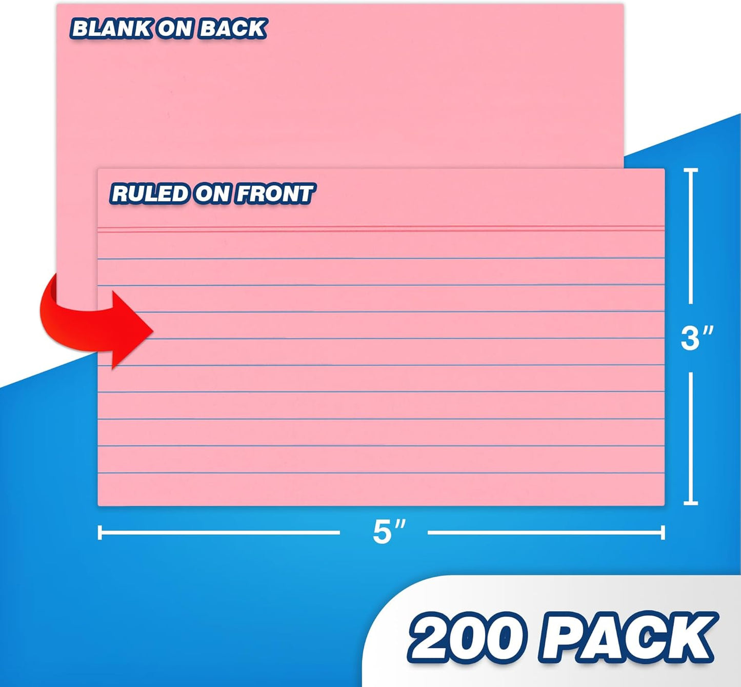 Chell 200 Count Index Cards 3x5 Inch Heavyweight, Ruled Front and Blank Back, 65 lb. Cover Weight, Pastel Colors