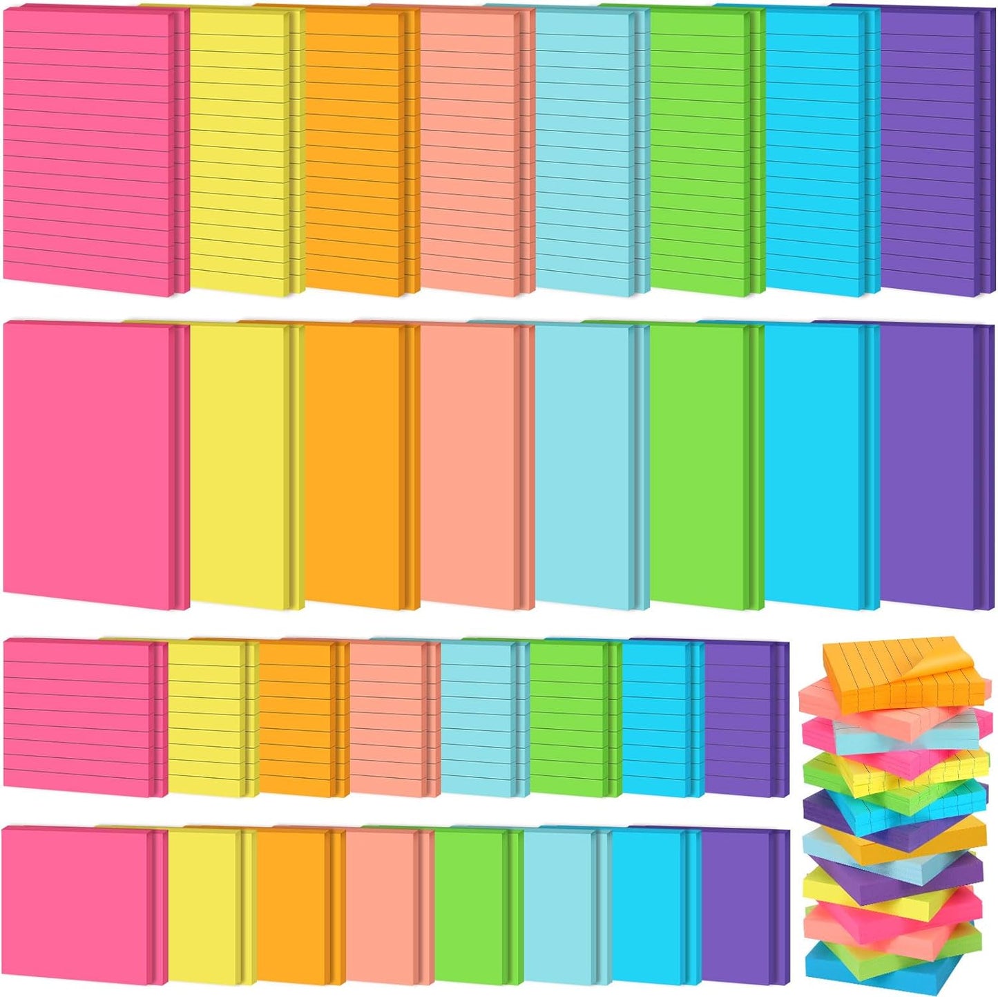 Yexiya 64 Pcs Lined Sticky Notes Self Stick Notes with Lines Bright Assorted Colors Sticky Pad for Home Office Products Post Memos, 1920 Sheets(4 x 6 Inch, 3 x 3 Inch,Multi Color)