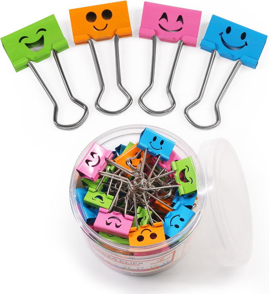 Coideal Smiling Face Binder Clips Medium, 48 Pcs 1 Inch Smiley Metal Paper Clips Clamps Assorted Color with Cute Fun Smile Hollow for Office (25mm)