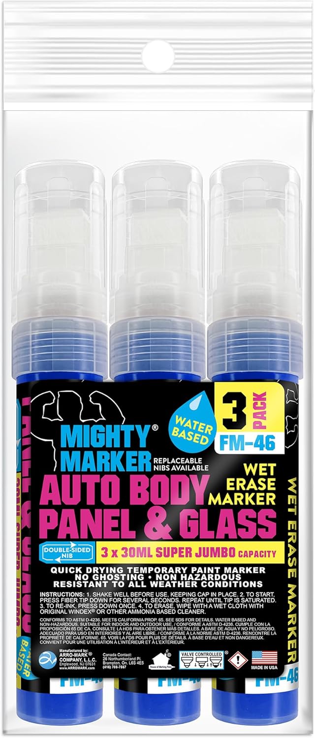 FM-46 Auto Body and Glass Super Jumbo Paint Marker, No-Ghost Formula, Water-Resistant, Valve Action, Removable, Water-Based, 30ml Capacity, Made in USA, Blue 3 Pack