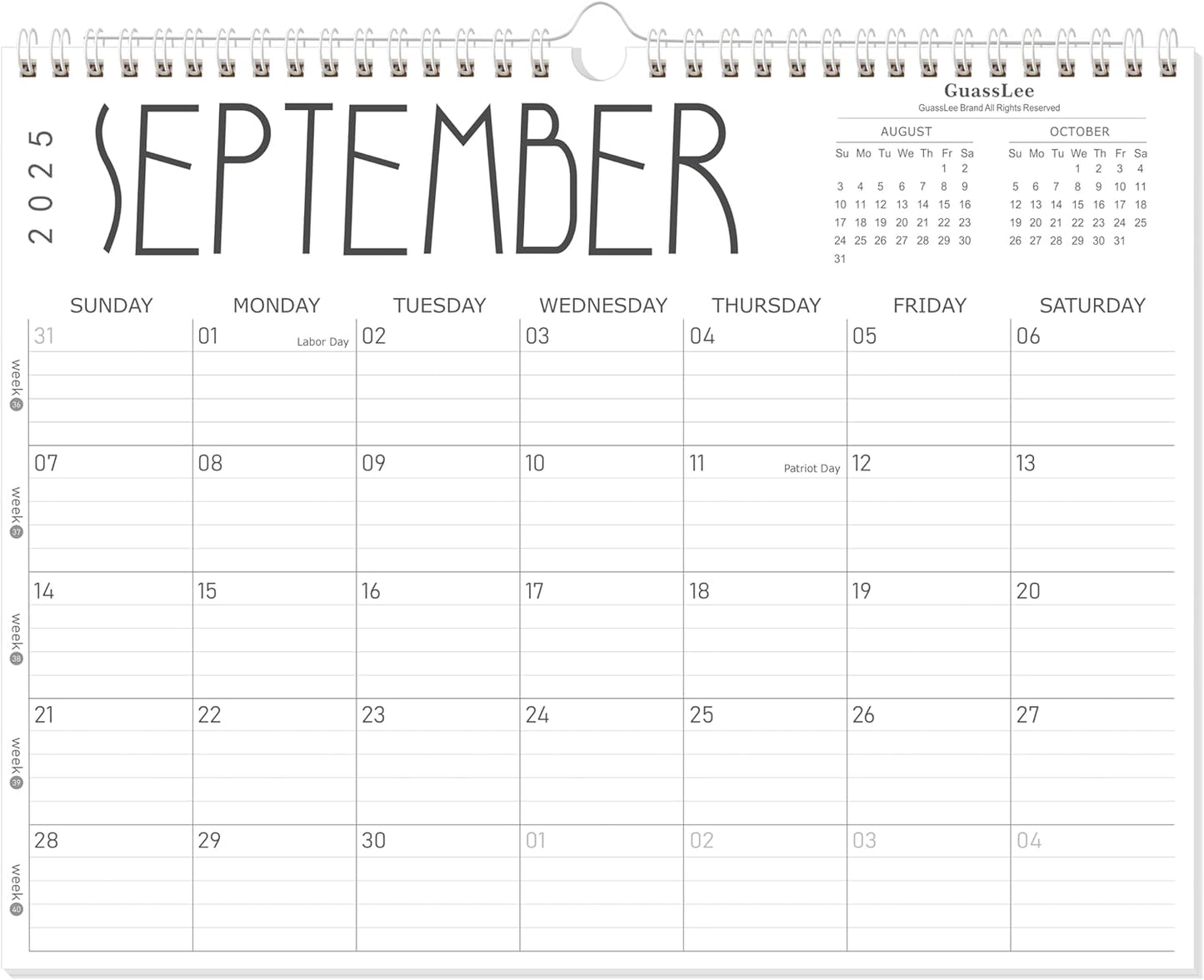 GuassLee 2025 Wall Calendar - 12 Monthly Calendar from September 2025 to August 2026, 14" x 11" 2025-2026 Hanging Calendar with Spiral Binding Week Numbers for School Home Office Planning & Organizing