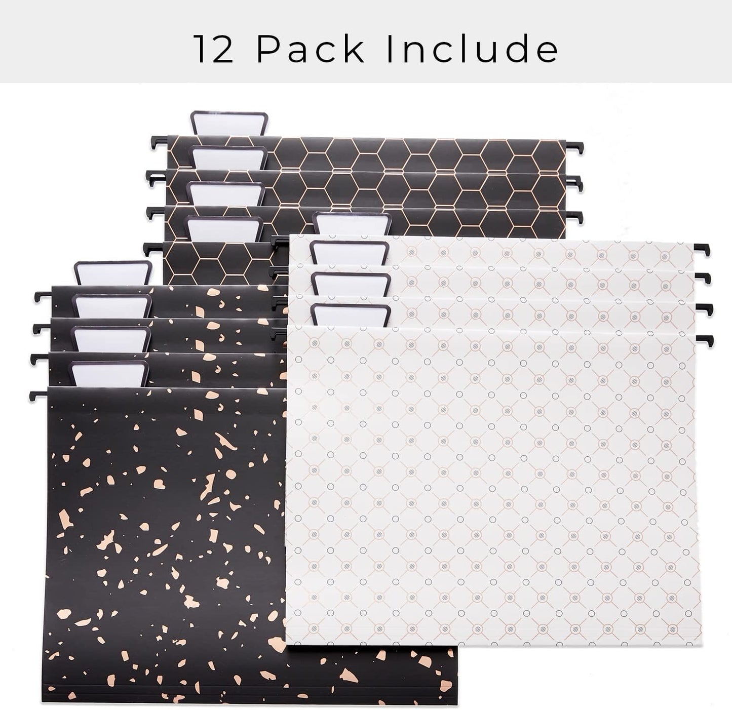Y YOMA 12 Pack Decorative Hanging File Folders Letter Size Rose Gold File Folder Pretty Hanging Folder Organizer for Filing Cabinet Office Home with 1/5-Cut Adjustable Tabs, 3 Black Foil Design