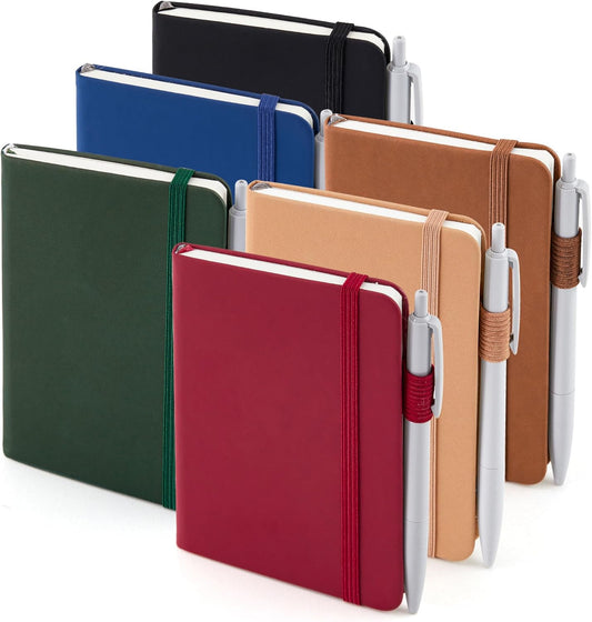 feela Pocket Mini Notebooks Bulk, Small Cute Memo Notepads Hardcover College Ruled Lined Journals with Pen Holder for School Business Work, with 6 Black Pens, 3.5”x 5.5”, 6 Pack, A6, Vintage Colors
