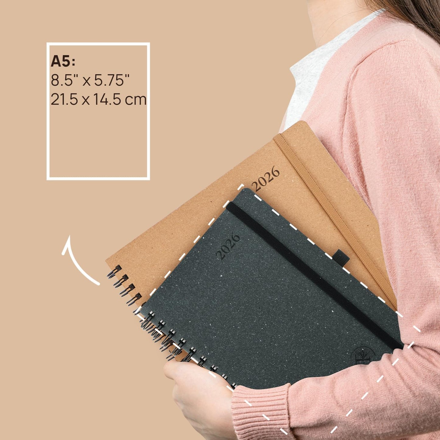 POPRUN 2026 Daily Planner One Page A Day - [5.75" x 8.5"-100% Recycled Materials Spiral Soft Cover] - 2026 Agenda with Monthly Calendar, Folded Inner Pocket - Desert Brown