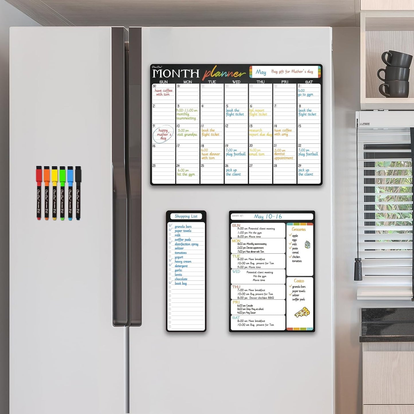Magnetic Dry Erase Monthly Calendar Set - 17"x12" Monthly and 8.5"x12" Weekly Calendar, 4"x12" List Board for Fridge - 6 Extra Fine Point Dry Erase Markers Included - Shipped Flat