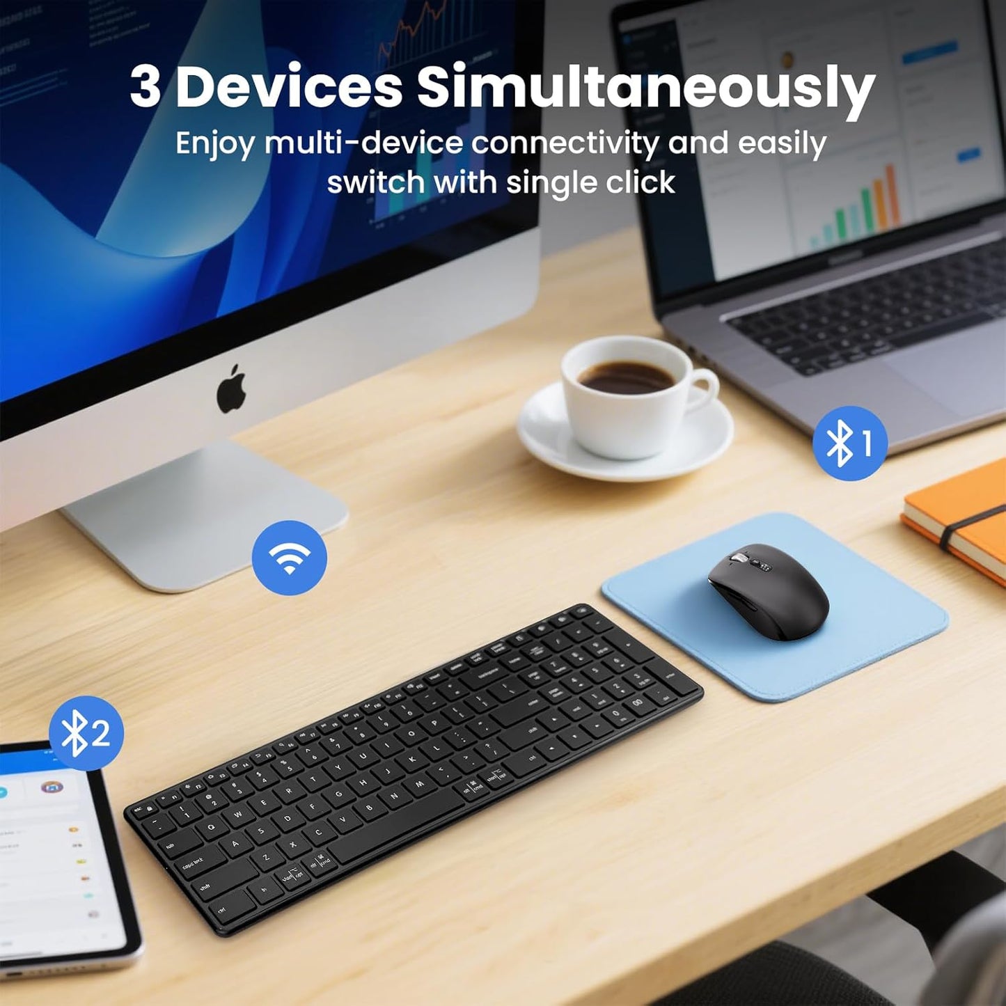 Wireless Bluetooth Keyboard and Mouse Combo (USB + Dual BT), Multi-Device Slim Keyboard and Mouse Set Compatible for Windows, Mac,PC Laptop iPad Tablet - QWERTY