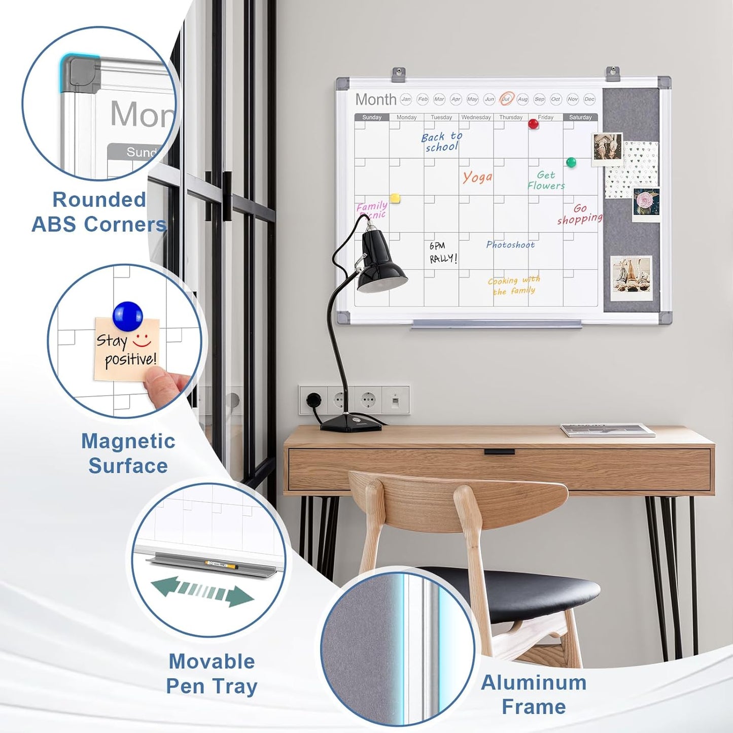 MAKELLO Dry Erase Calendar for Wall 24x18 in, Whiteboard Calendar and Grey Felt Board Combo for Office Home School