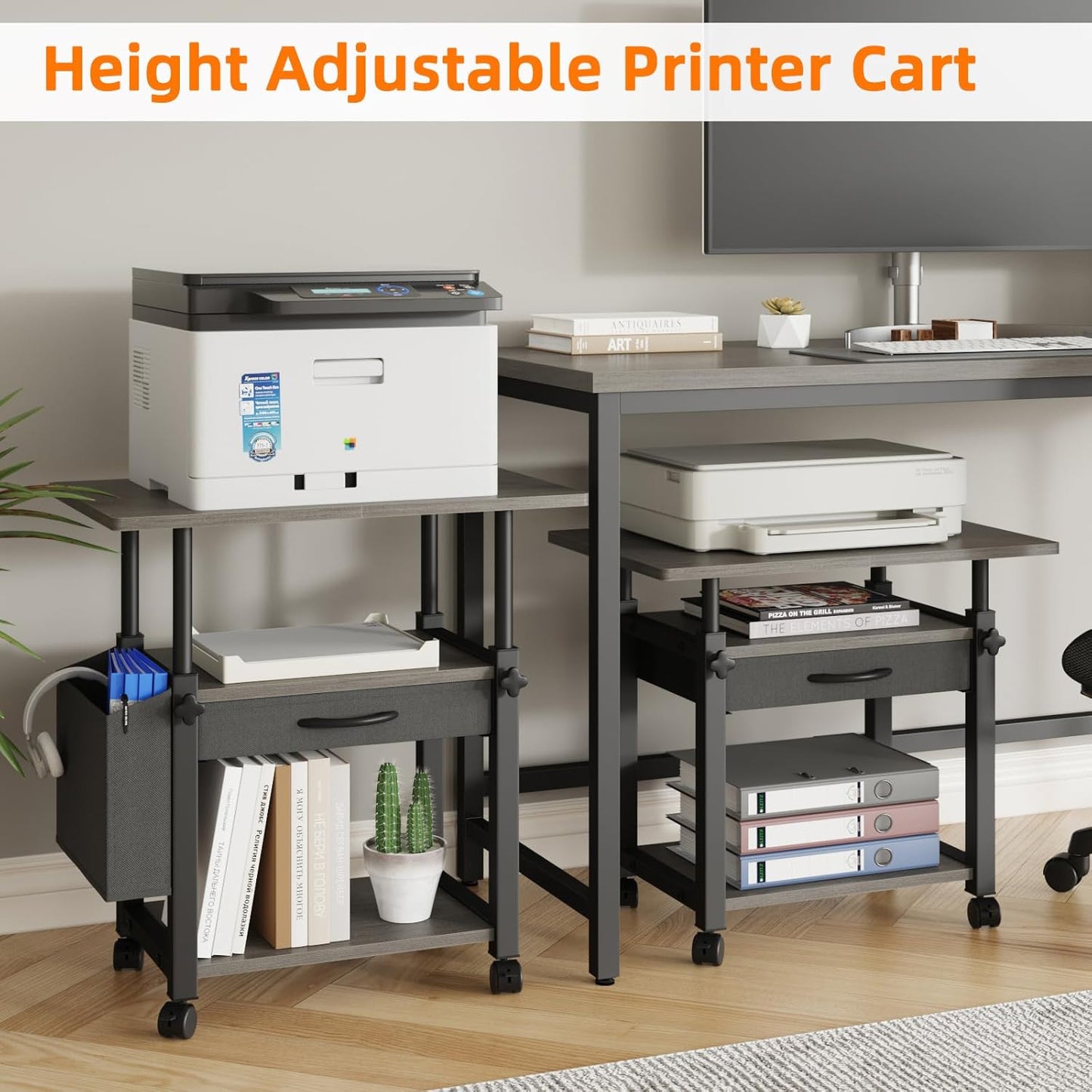 22"x15" Large Printer Stand with Drawer and-side Bag, Adjustable 3-Tier Printer Cart for Home Office, Rolling Printer Stand Fit Heat Press/Laser/3D Printer (Grey)
