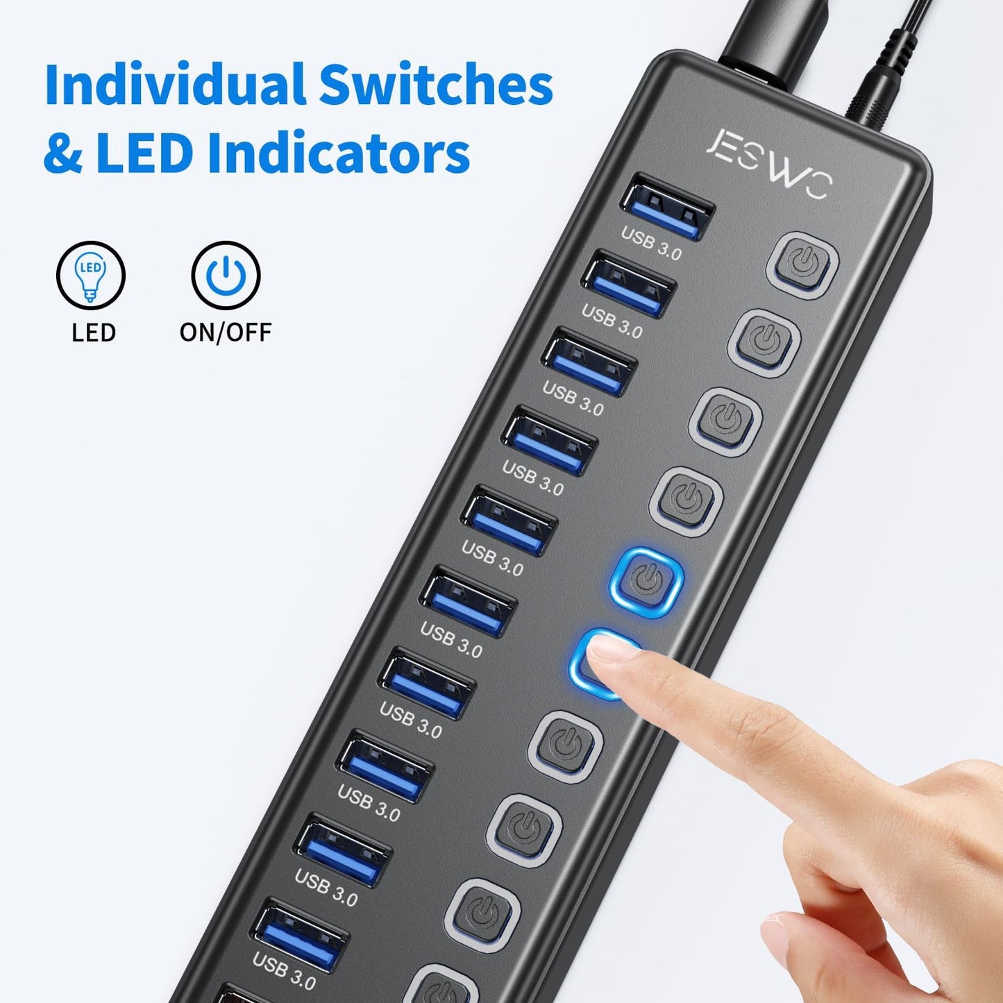 Powered USB Hub, JESWO 11 Port USB 3.0 Hub, 10 USB 3.0 Data Transfer Ports + 1 Smart Charging Port, USB Hub Powered with Individual LED On/Off Switches and 12V/3A Power Adapter