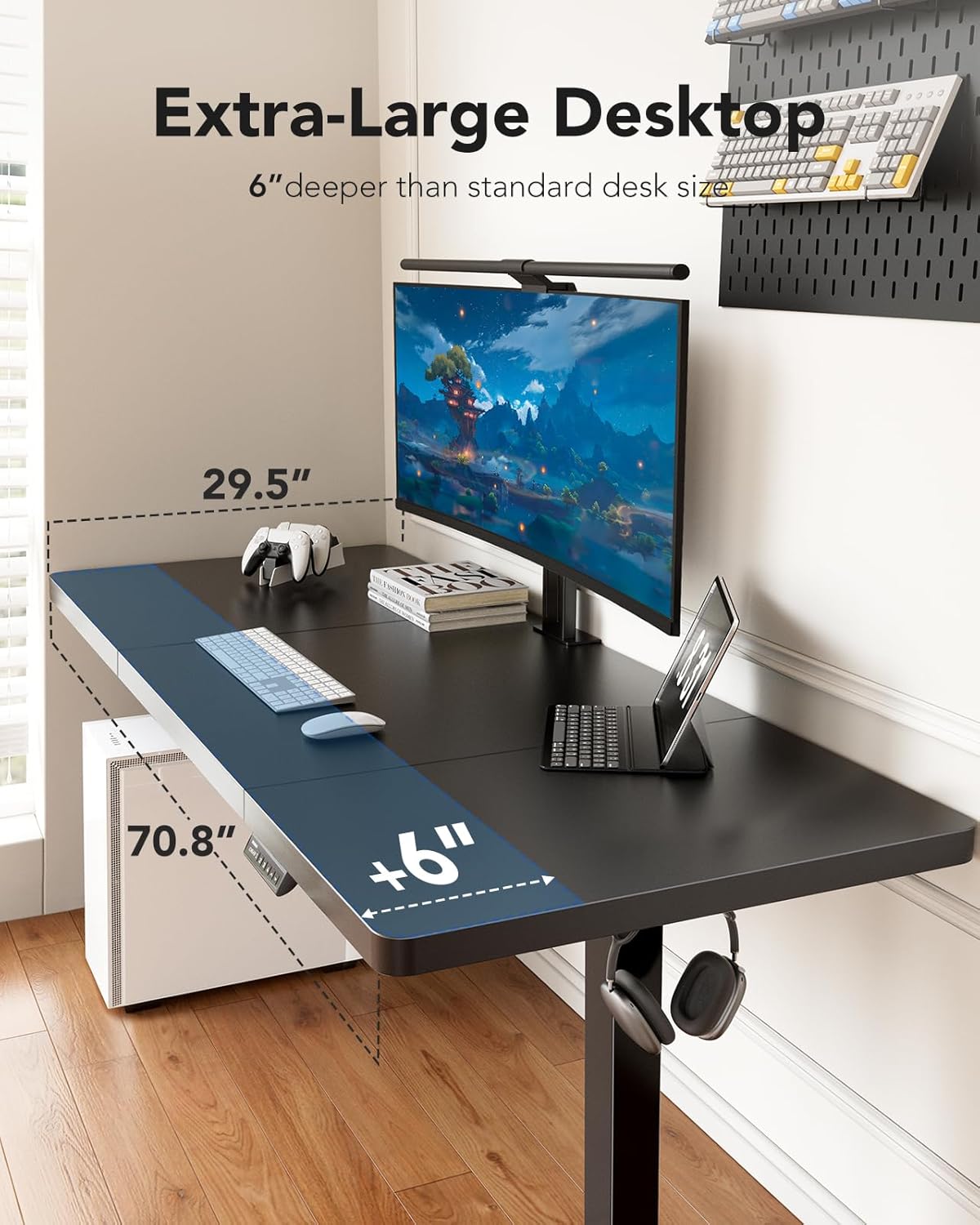 HUANUO 71 x 30 inch Electric Standing Desk, Powerful Brushless Motor Large Height Adjustable Table, 4 Memory Preset Sit Stand Up Desk, Home Office Computer Table with Thick T-Shaped Frame