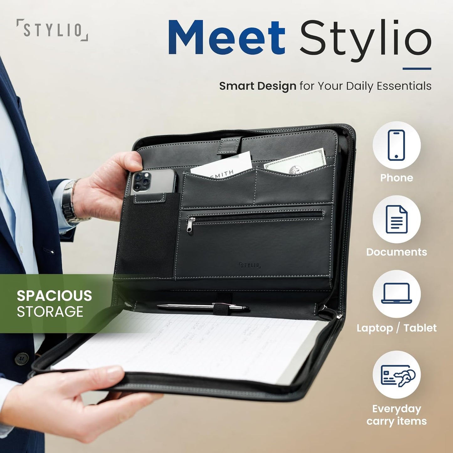 STYLIO Zipper Padfolio Portfolio Binder Organizer | Faux Leather Portfolio for Resume, Documents, Phone, Tablet, Business Supplies and Cards | Notebook Organizer with Letter Sized Notepad Included