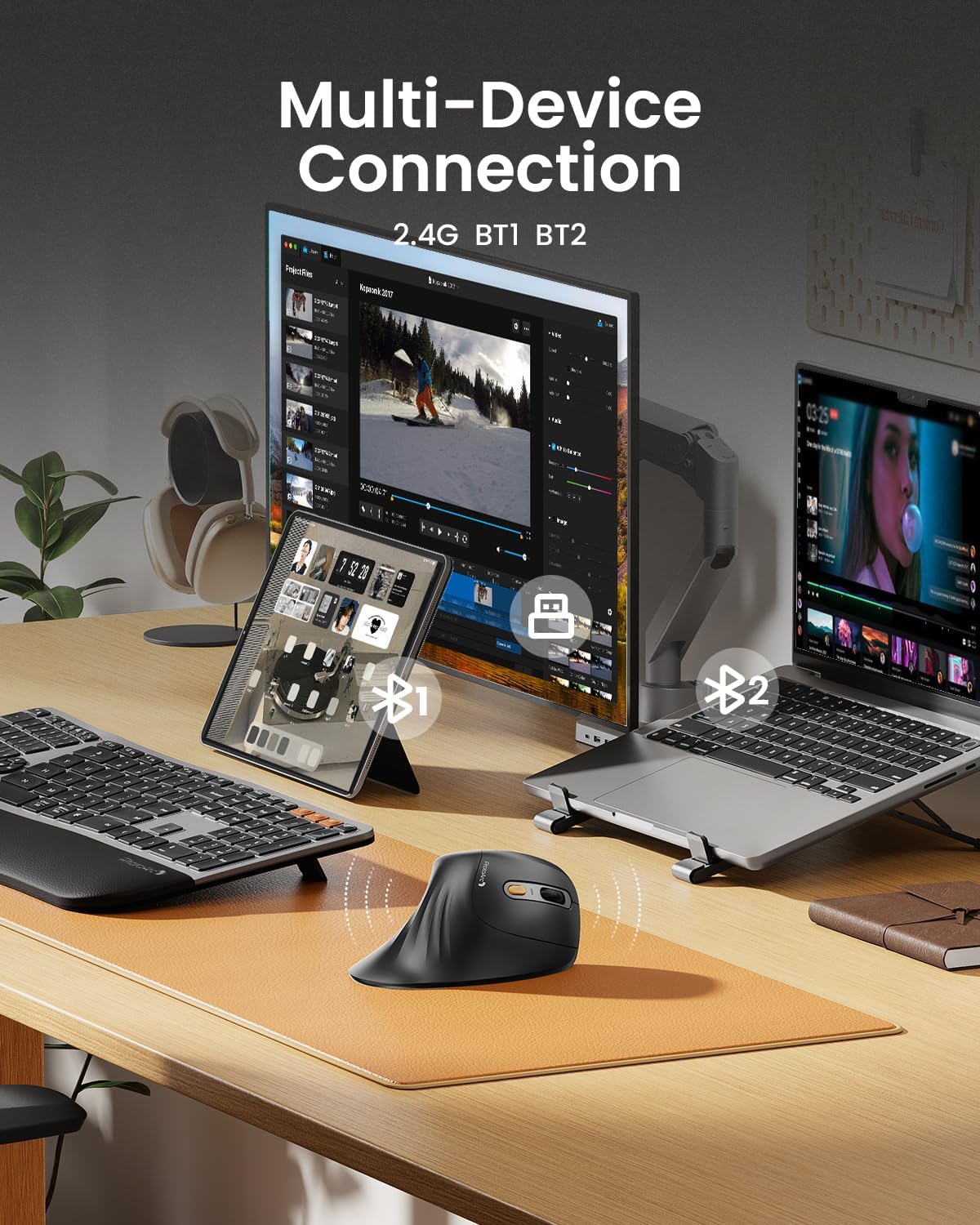 ProtoArc Ergonomic Vertical Mouse, EM11 NL Rechargeable Wireless Mouse Bluetooth, Ergo Mice with 3 Multi-Device for PC/Notebook/Laptop, 2.4GHz Optical Mice for Windows, Mac OS, Gray