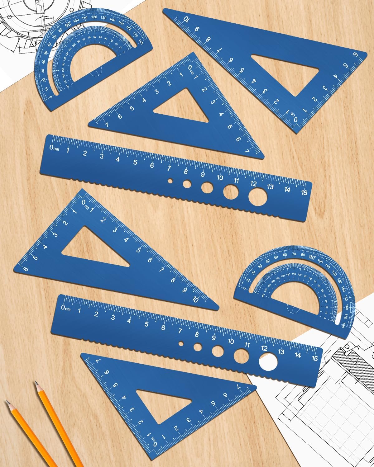 Honagu Triangular Ruler Set, 8 Pieces/2 Sets Aluminum Alloy Ruler, Metal Drafting Ruler, Geometric Protractor for Students, Draftsmen, Engineers, School Office Supplies (Blue+Blue)