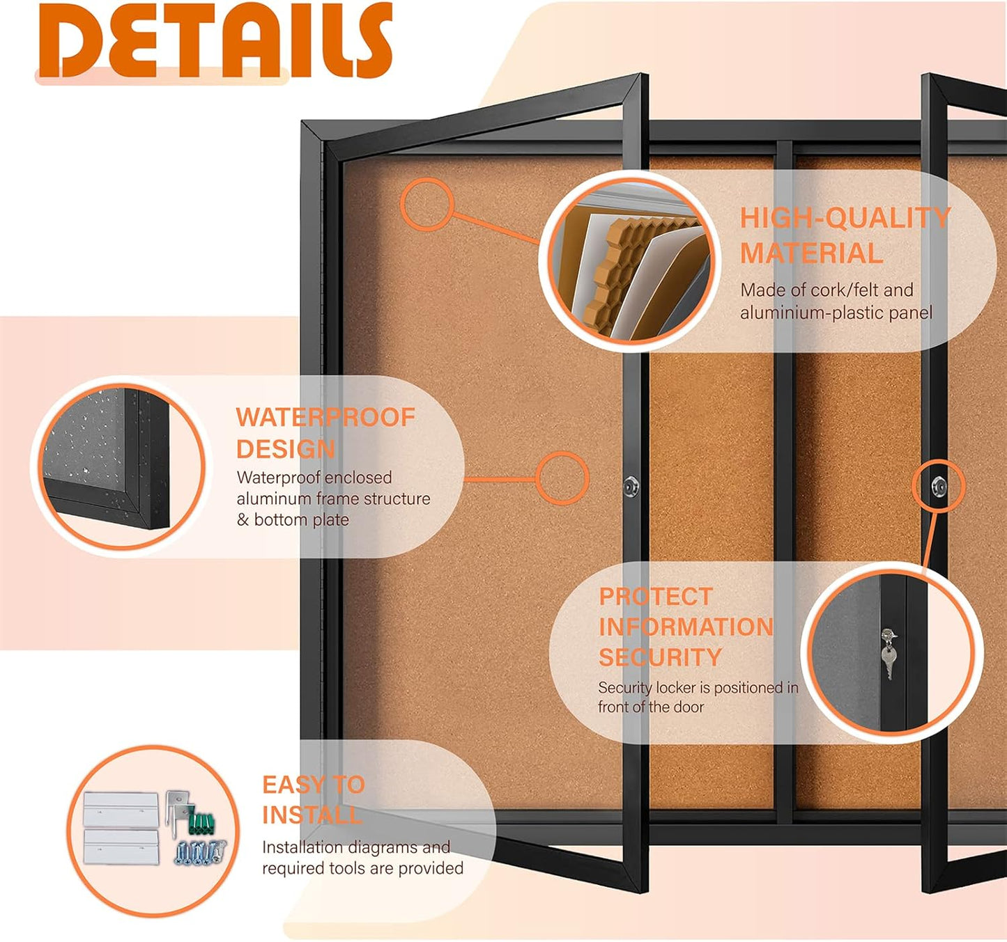 Enclosed Bulletin Board Outdoor Noticeboard with Locking Door, Weather-Resistant, Cork, Black Aluminum Frame, 70 x 36 in