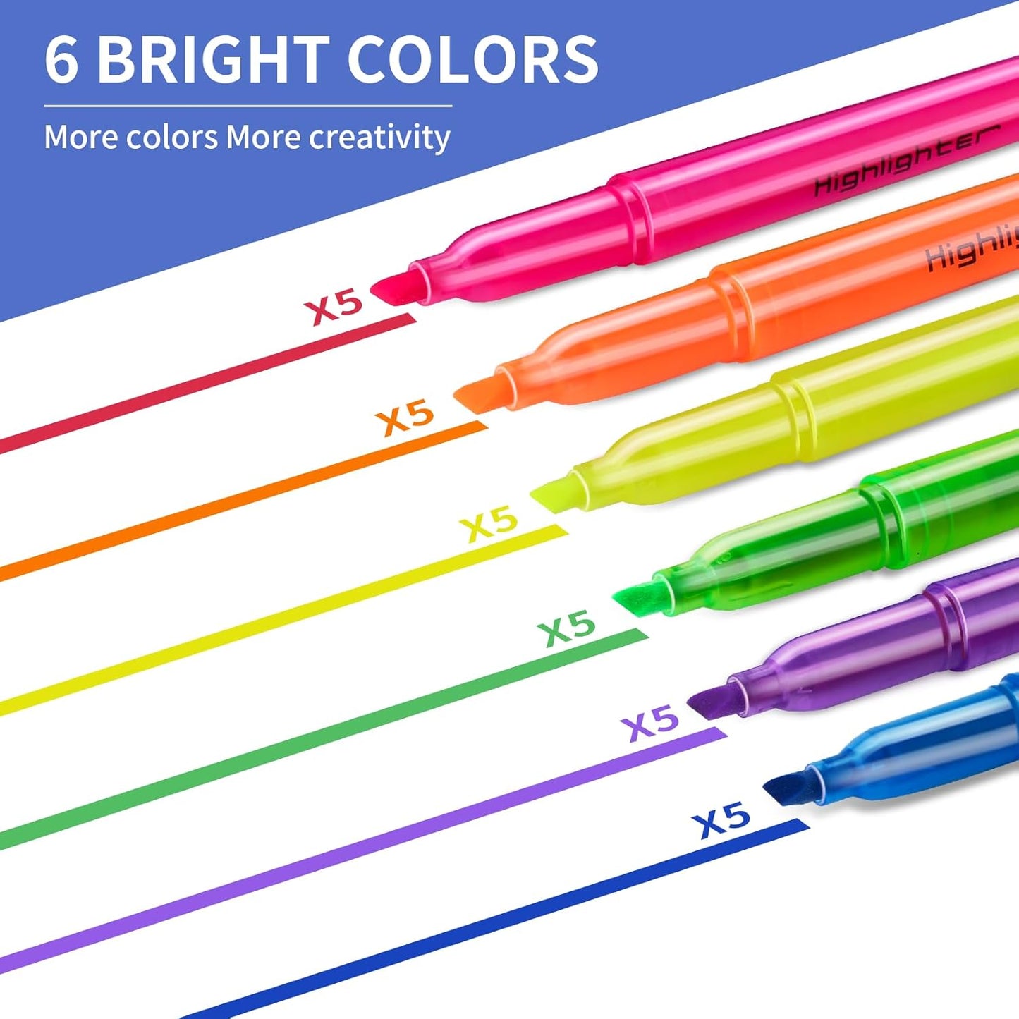 Highlighters Assorted Colors Bulk, 30 Pack: No Bleed & Dry-Quickly, Chisel Tip, 6 Bright Colors, Highlighter Set for School, College, Office