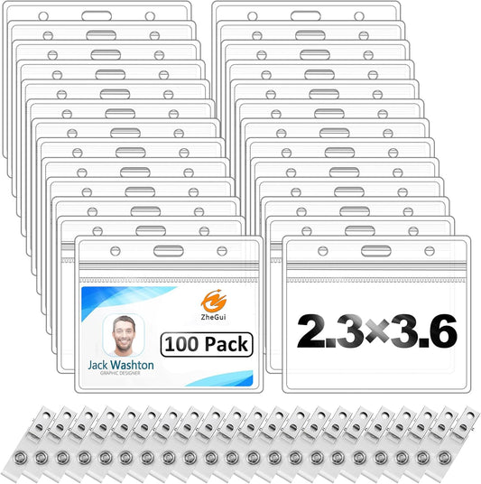100 Pack Horizontal ID Badge Holder with Clip, Universal Waterproof PVC Transparent Name Tag Holder with Sealed Zipper(2.3 × 3.6 inch)