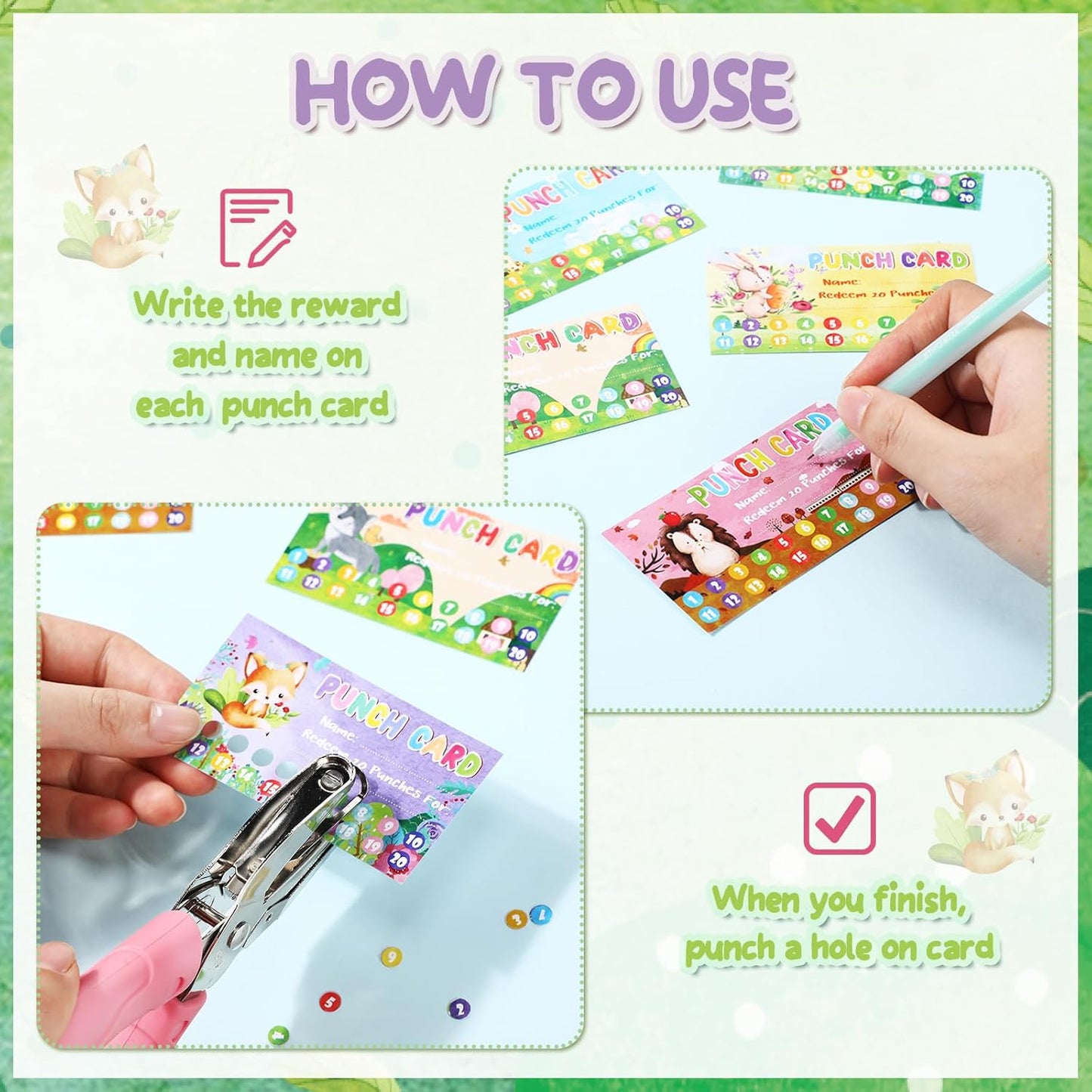 Fumete 400 Pcs Punch Cards for Classroom Reward Cards Behavior Incentive Loyalty Awards for Kids Students Teachers School Business, 8 Styles, 3.5 x 2 in(20 Cute Animal Punches Style)