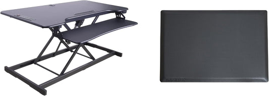 Rocelco 46" Electric Standing Desk Converter with AC Outlet USB Charger and Anti-Fatigue Floor Mat - Motorized Adjustable Sit Stand Riser - Tabletop Workstation Keyboard Tray - Black (R EDRB-46-MAFM)