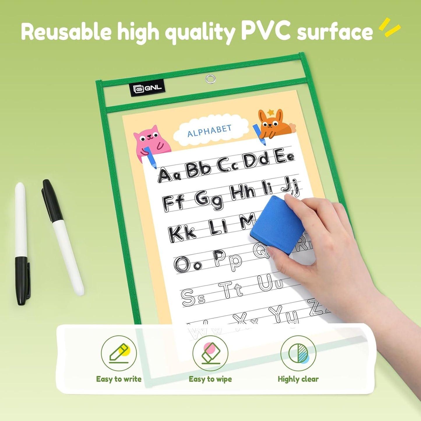 GNL Dry Erase Pocket Sleeves 30 Packs, Reusable Clear Plastic Ticket Holders with Rings, Durable & Easy-to-Erase Sheet Protectors, Assorted Colors 10x14 Inch for Classroom & School Teacher Supplies