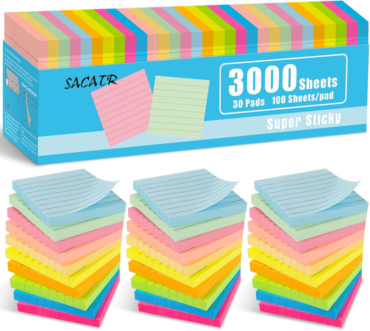 SACATR 30 Pads Lined Sticky Notes, Sticky Note Pads 3x3 inches, 10 Bright Color Sticky Notes with Lines Self-Stick Note Pads, Perfect for Office Home School(100 Sheet/Pad)