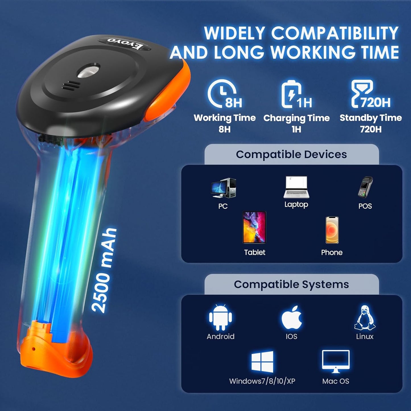 Eyoyo 2D QR Bluetooth Barcode Scanner Wireless, 2500mAh Handheld Cordless USB Wired 1D UPC Bar Code Reader for Book Library, Warehouse Inventory Compatible with iPad, Android Phone, iPhone, Laptop