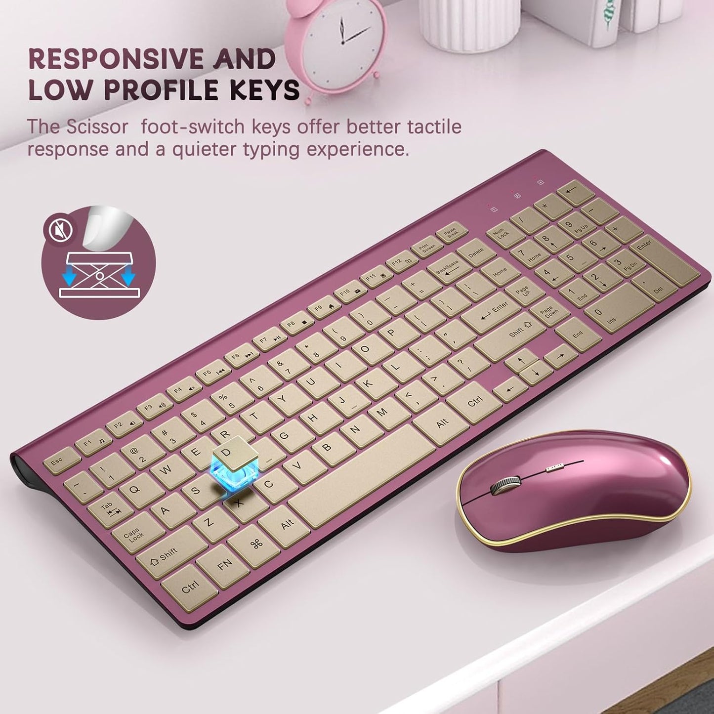 JOYACCESS Wireless Keyboard and Mouse, 2.4g Slim and Ergonomic Wireless Keyboard Mouse Combo- Full Size and Portable Design for Laptop/Windows/Computer-Wine Red Gold