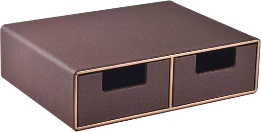 Linen Leather Desk Organizer and monitor stand with Drawers－Mini Desktop Drawer Organizer Stackable－Tabletop Organization Storage Box for Office Supplies Home Vanity Toiletries (Brown, 2-drawers)