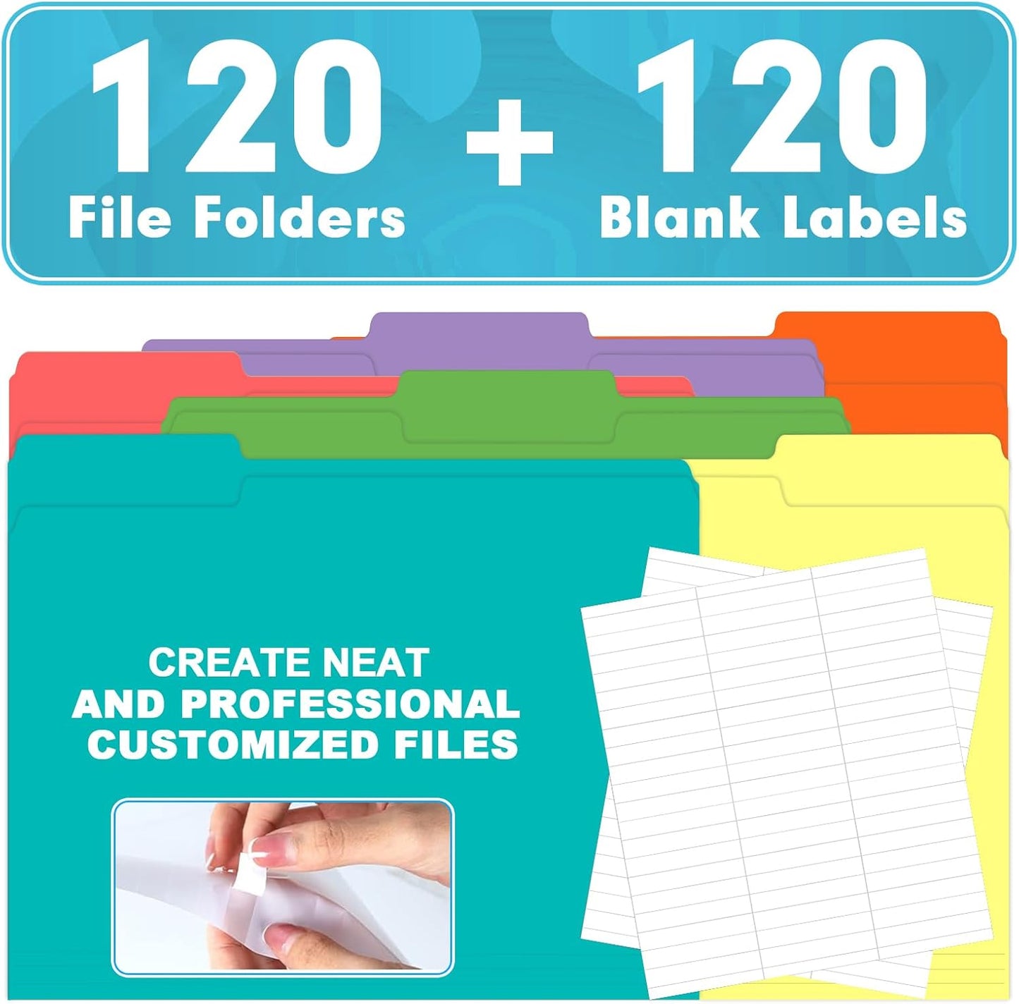 File Folder, HERKKA 120 Pack 1/3 Cut Tab File Folders, Colored File Folders Great for Organizing and Filing, Letter Size, Assorted 10 Colors