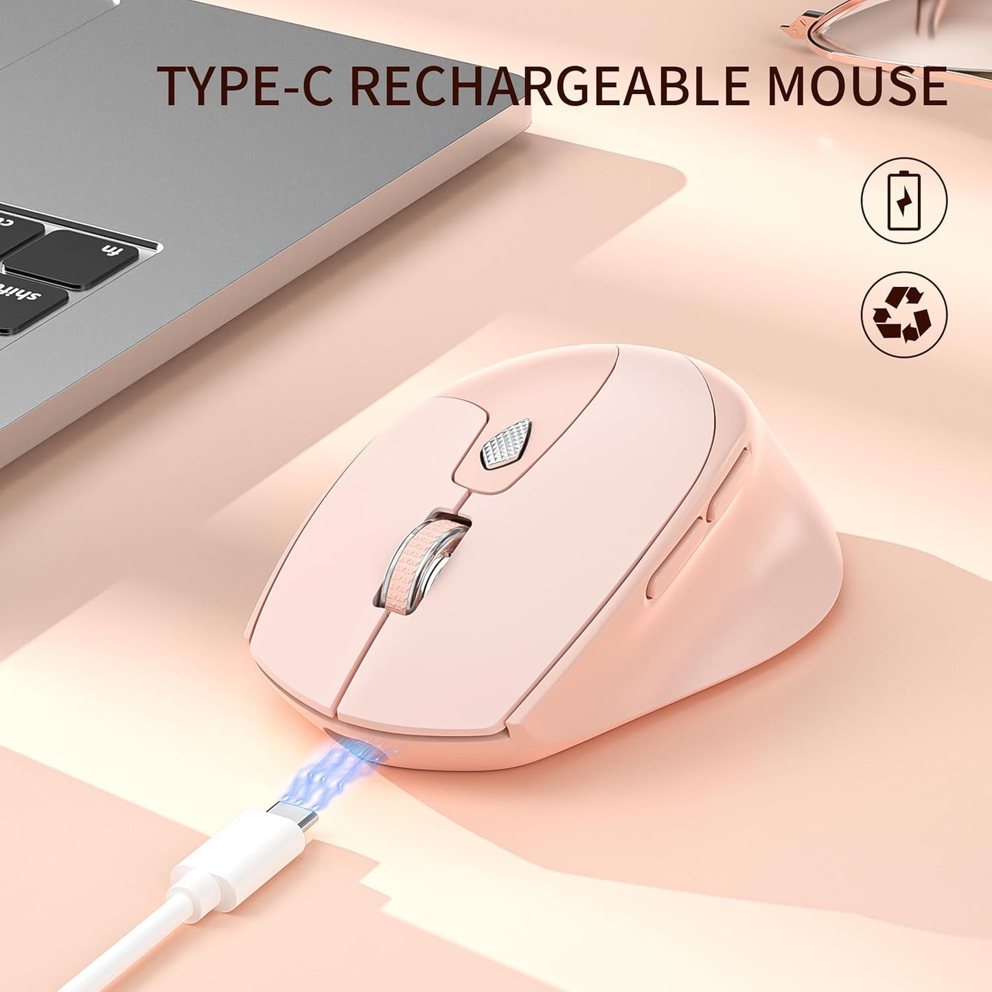 TENMOS M7 Bluetooth Mouse, Rechargeable Dual Mode BT5.1+ 2.4GHz USB Silent Wireless Bluetooth Mouse with Type C Adapter & Battery Indicator, Ergonomic Design for Laptop, iPad, MacBook - Light Pink