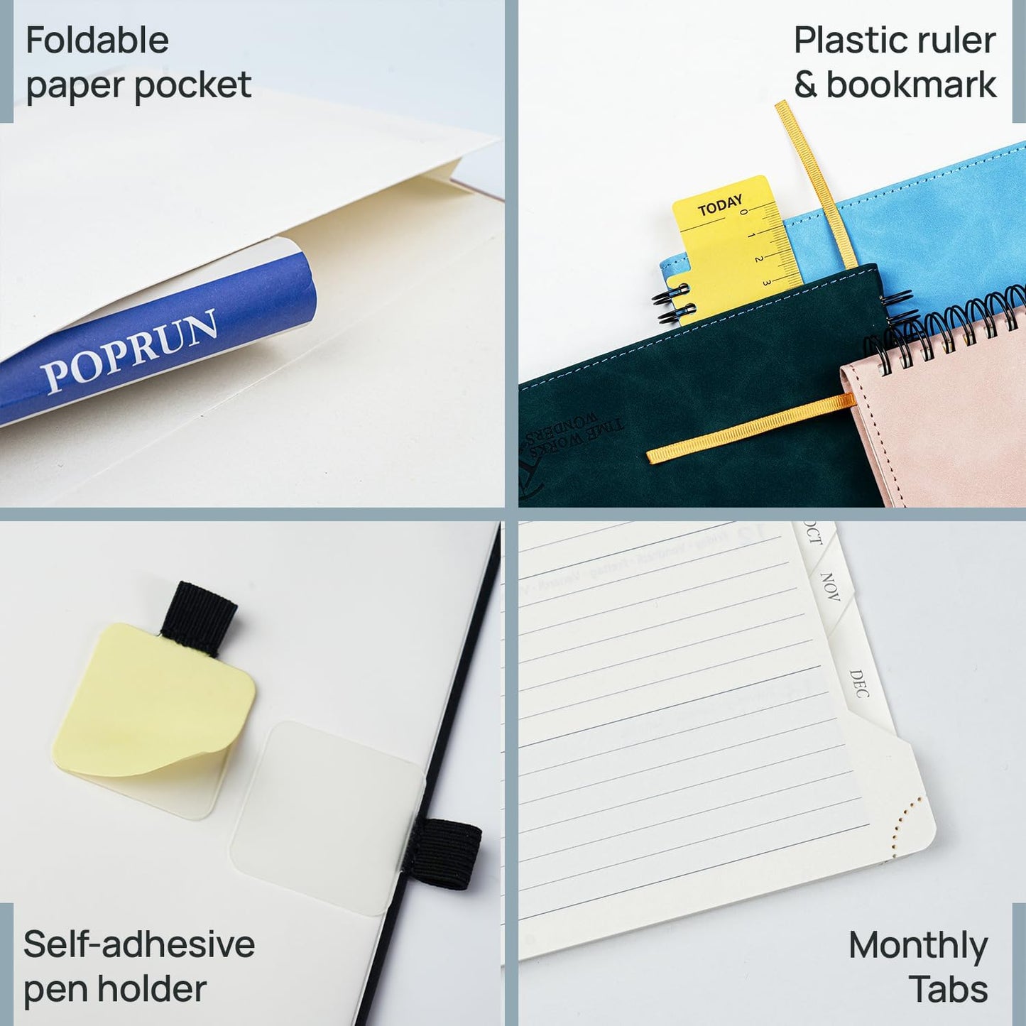 POPRUN 2026 Planner Weekly Notebook Calendar (Jan-Dec), Large Size 8.5'' x 10.5'' - Agenda 2026 Appointment Book with Monthly Tabs, Inner Pocket, Spiral Soft Cover, 100 GSM - Petrol