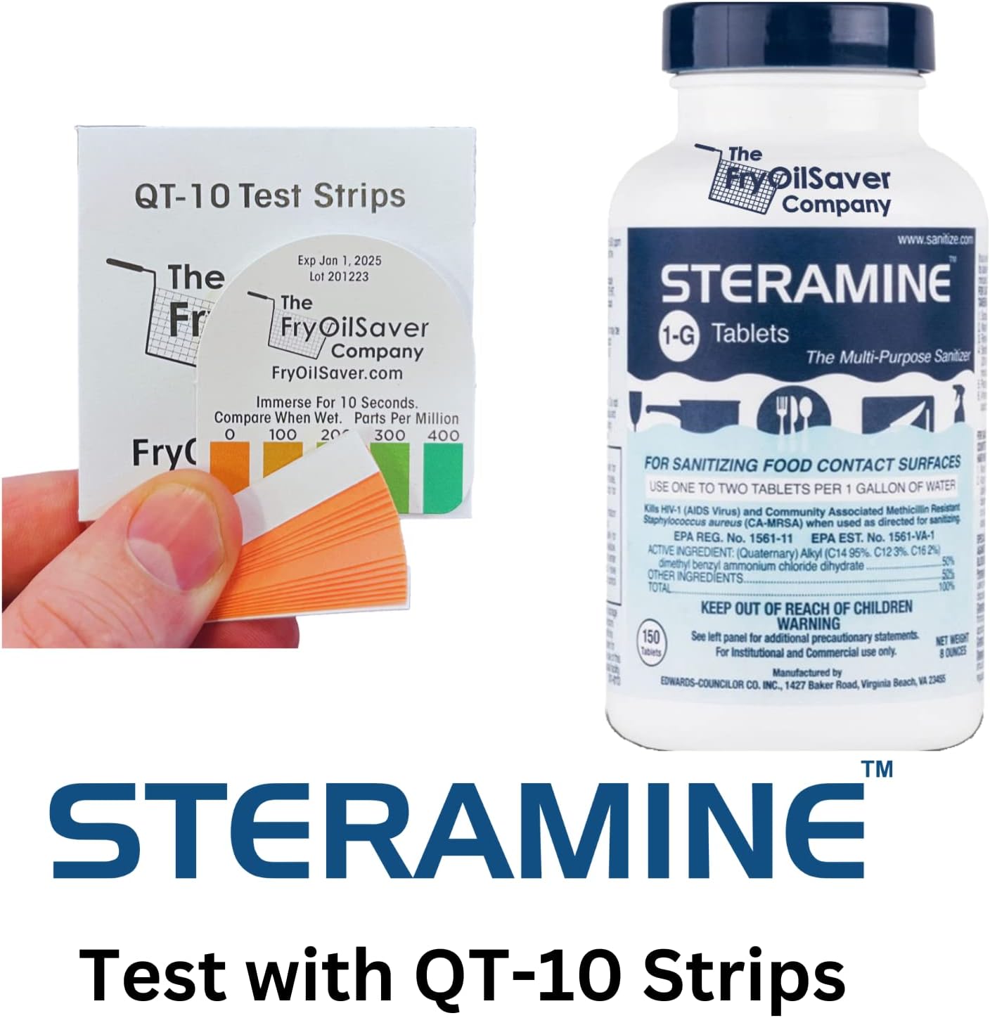 2 Bottles Steramine Sanitizer Tablet 15xQT-10 Test Strip, Multi Purpose Steramine Sanitizing Tab for Food Contact Surface Kitchen, Restaurant, Diner & Food Service by FryOilSaver Co. (300 Tablets)