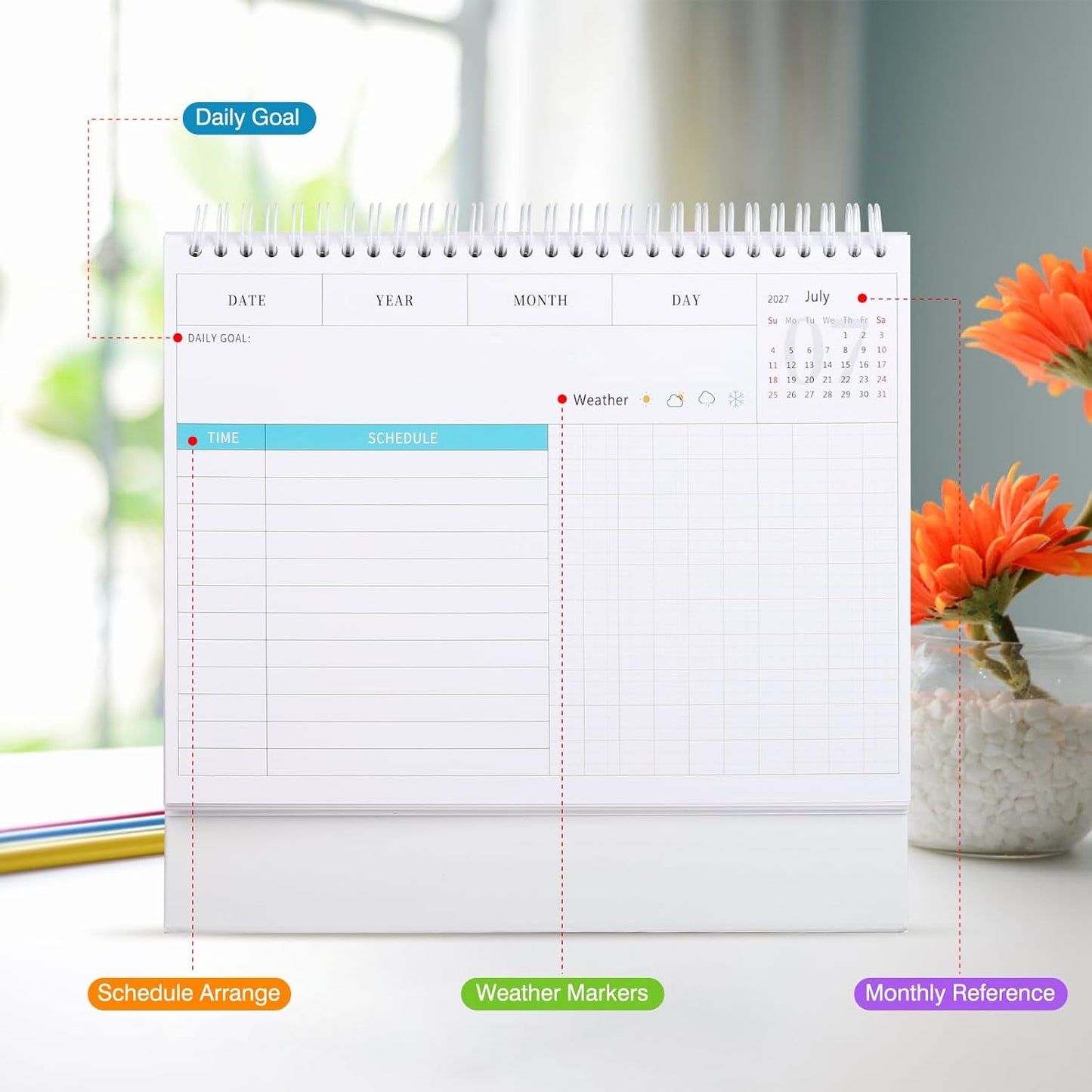 Desk Calendar 2026-2027, 2 Years Calendar Runs from Jan. 2026 until Dec 2027, Table Monthly Planner with Stickers for Home,Office,School Organization(L-Pink+White,9.8" x 9.6")