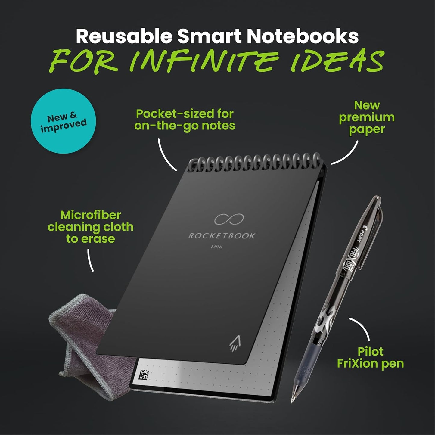 Rocketbook New Mini Reusable Smart Notepad, Pocket Size Notebook 3.5x5.5, Black - Dotted Pages, App-Connected, Erasable, Ideal for On-The-Go List Taking & Quick Notes Anywhere