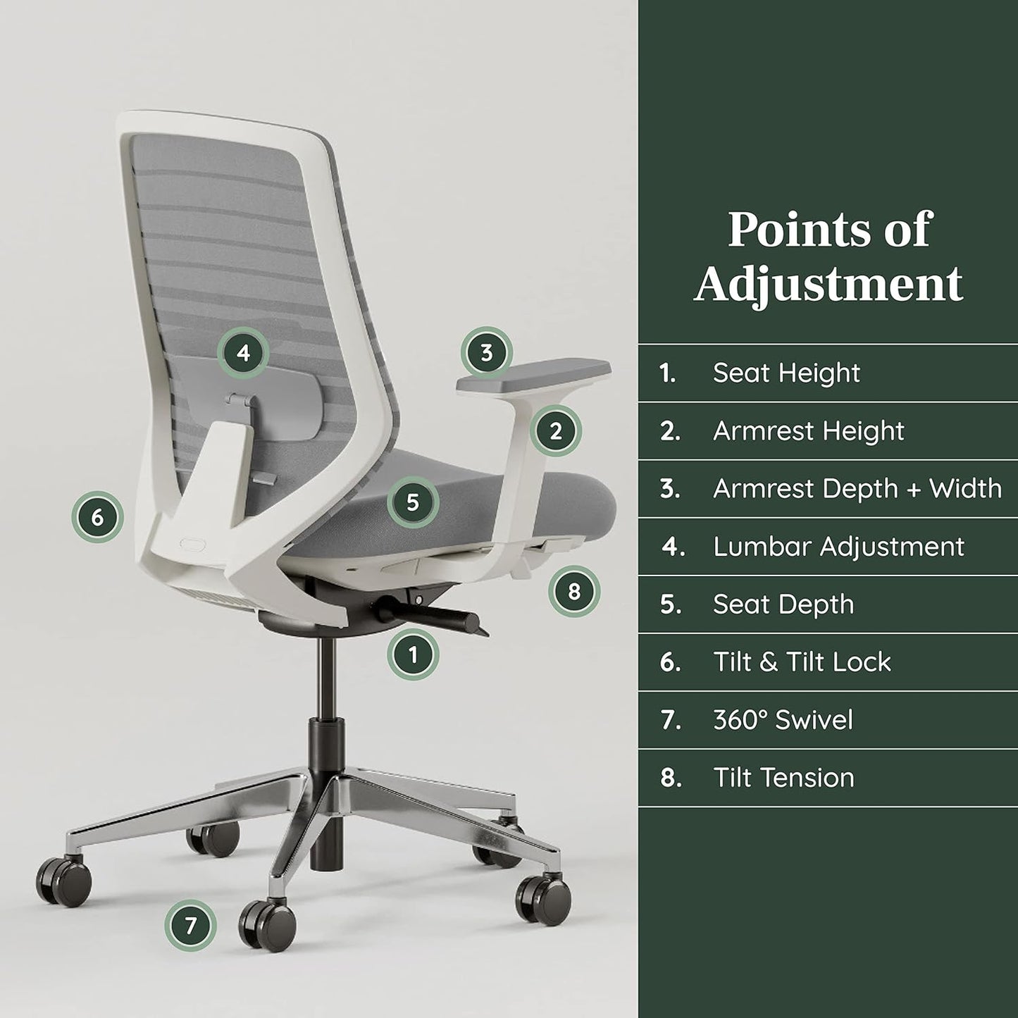 Branch Ergonomic Chair - A Versatile Desk Chair with Adjustable Lumbar Support, Breathable Mesh Backrest, and Smooth Wheels - Experience Optimal Comfort and Support - Pebble - White