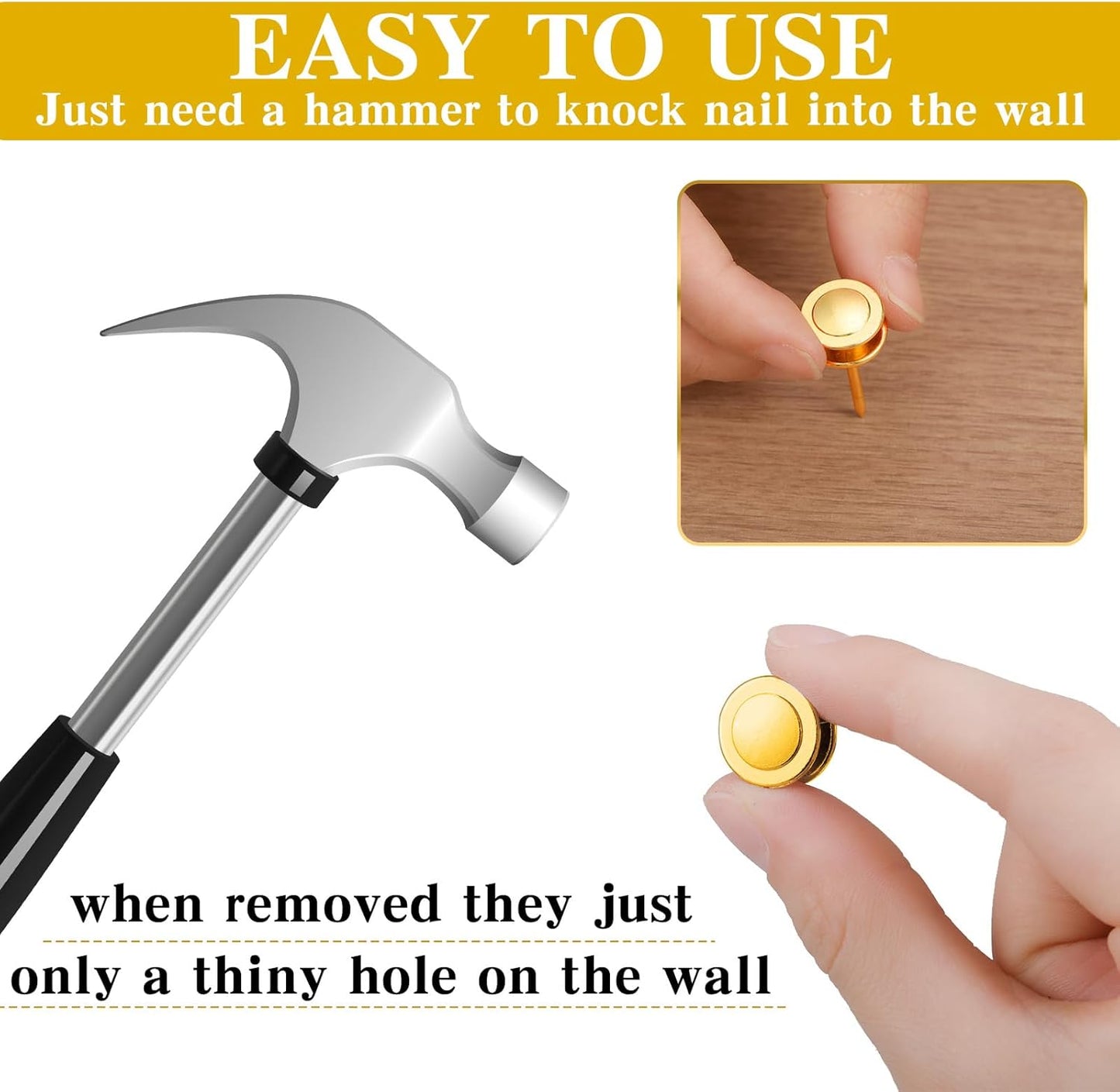 Ferraycle 40 Piece Double Headed Picture Hangers Nails 4 Size Long Thumb Tacks for Wall Hanging Decorative Nails Push Pins Picture Hooks for Drywall Photo Decor, 10/20/ 30/ 50lb(Gold)