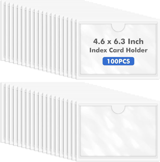 Circloophs 100 Packs Self Adhesive Index Card Pockets for 4”x 6” Card, Adhesive Label Holders with Top Open – 4.6”x 6.3” Clear Adhesive Label Pockets for Storage Bins, Locker, Shelves, Library, Office