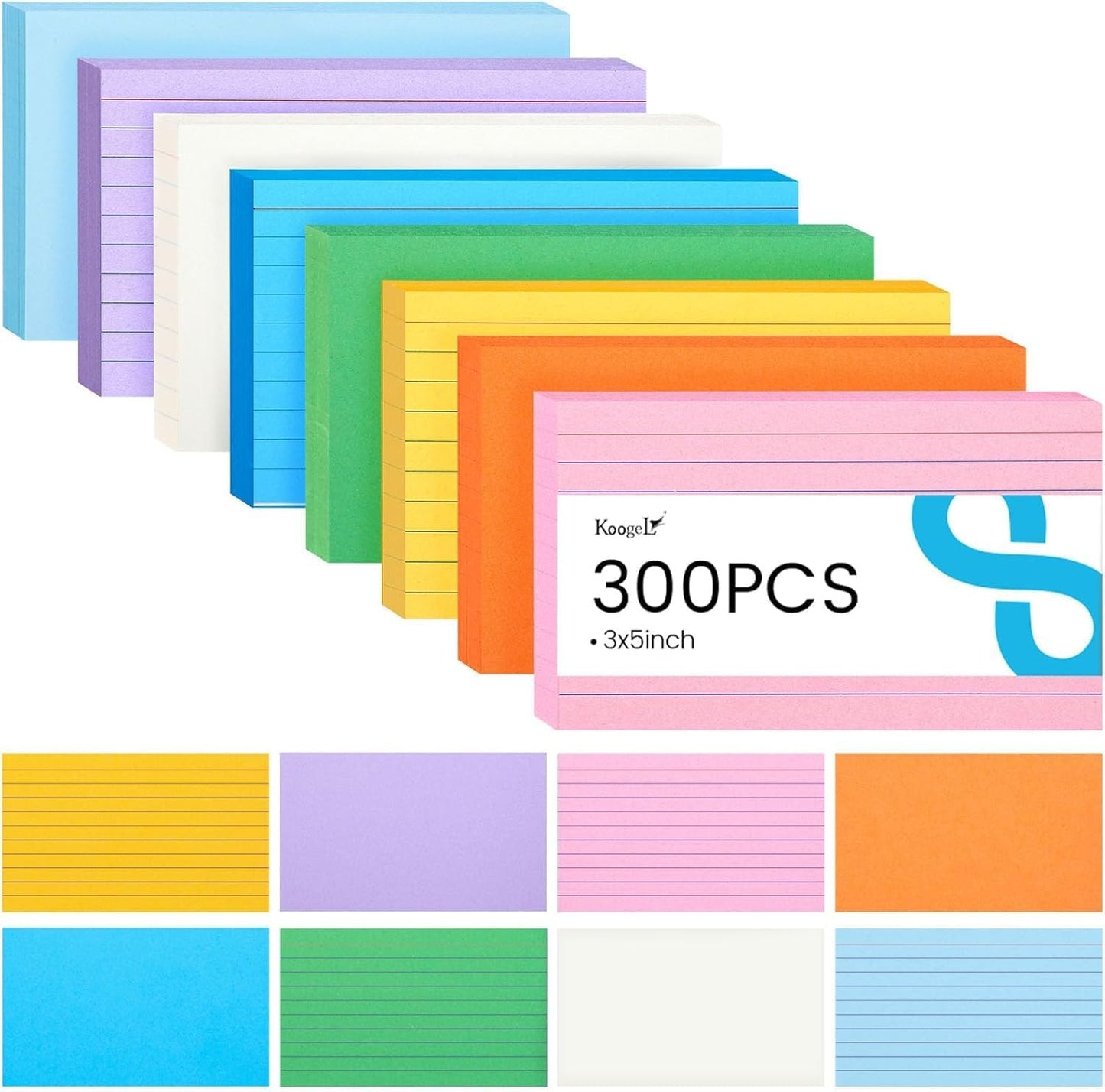 300PCS Index Cards 3x5, Colored Ruled Index Cards for Back to School, Heavy Notecards for Studying Learning Taking Notes School College Office Supplies, 8 Colors